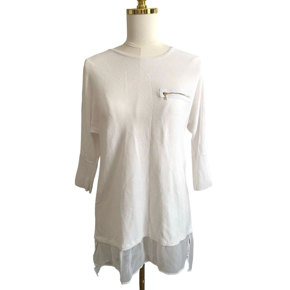 Chico's Sheer Hem Pullover Sweater Tunic Small White Woven 3/4 Sleeves EUC